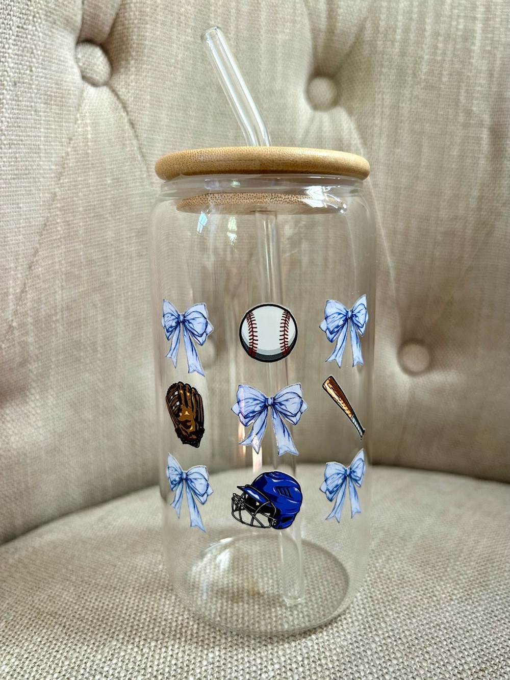 Baseball Bow Glass Tumbler Bamboo Lid Sports Mom Coach Gift